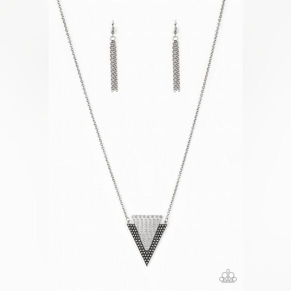 paparazzi "Ancient Arrow" silver tribal triangle elongated necklace and earrings - Picture 1 of 4